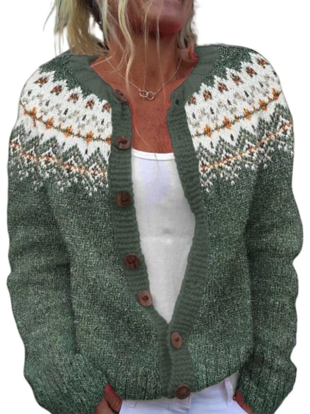 Women’s Olive Green Fair Isle Knit Button Cardigan Holiday Sweater